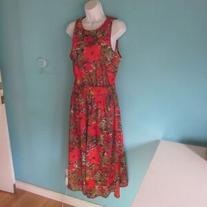 Darian Womens Vintage 1970's  Size 16 Red Floral Midi Dress with Matching Belt